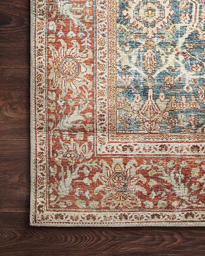 Loloi Layla Collection LAY-04 Ocean/Rust 2'-6" x 7'-6" .13" Thick Runner Rug, Soft, Durable, Vintage Inspired, Distressed, Low Pile, Non-Shedding, Easy Clean, Printed, Living Room Rug