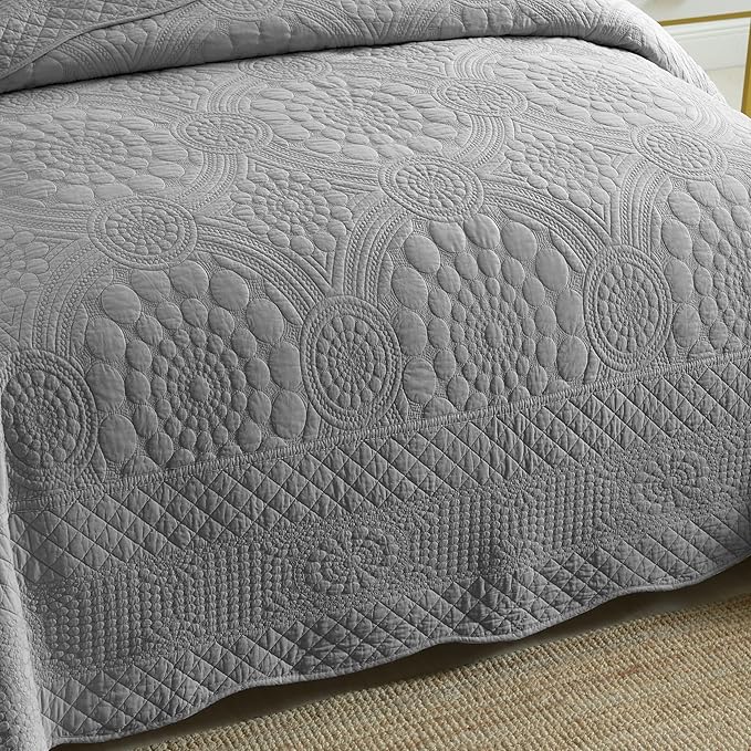 MarCielo 3-Piece 100% Cotton Oversized Bedspread Lightweight Quilt Coverlet Embroidery Farmhouse Bedding Set (Tf Light Grey, Oversized Queen (100"x106"))