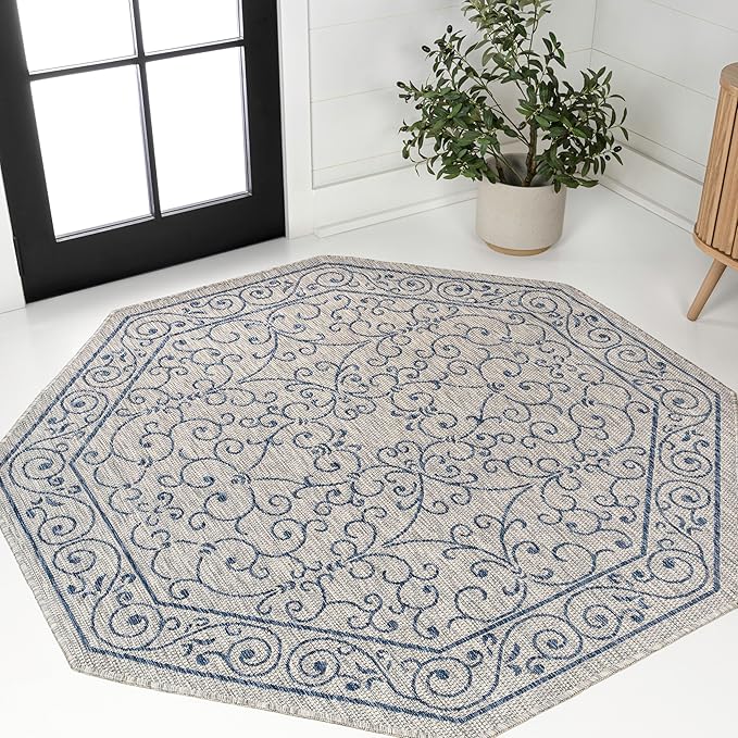 JONATHAN Y Vintage Filigree Indoor Outdoor Octagon Area Rug 8 Ft Gray/Navy, Charleston Textured Weave for Backyard, Patio, Porch, Easy-Cleaning, High Traffic, Pet-Friendly, Non-Shedding SMB106C-8TGN