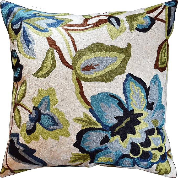 Modern Cream Decorative Floral Pillow Cover Needlepoint White Flower Hand Embroidered Pillowcase Flowery Outdoor Suzani Accent Cushion Boho Chair Modern Chair Pillowsham Wool Size 18x18