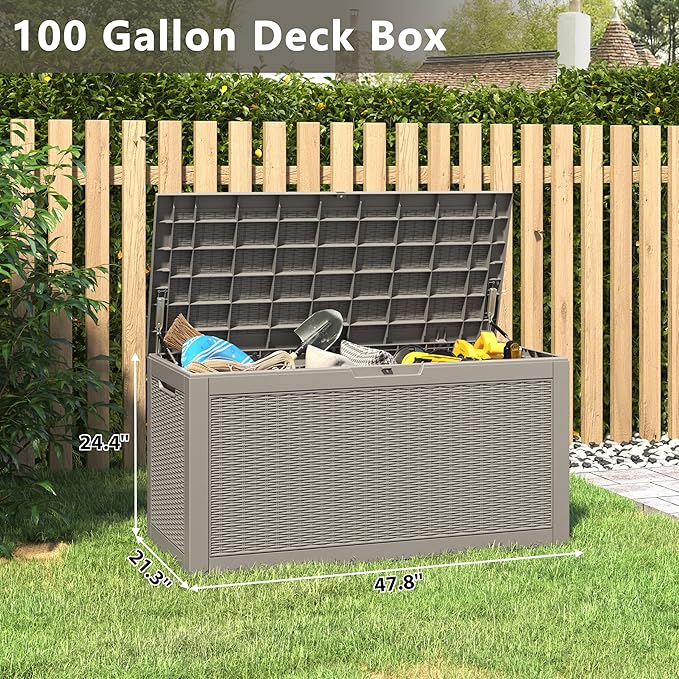 100 Gallon Deck Box Lockable Rattan Outdoor Storage Box waterproof Outdoor Container for Patio Furniture Cushions, Pillow