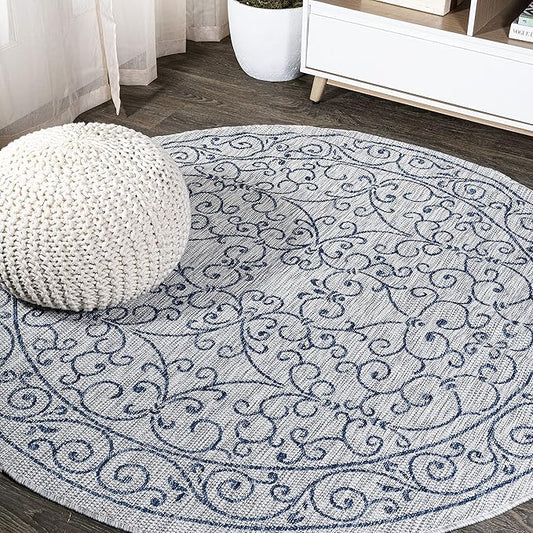 JONATHAN Y Vintage Filigree Indoor Outdoor Round Area Rug 6 Ft Gray/Navy, Charleston Textured Weave for Backyard, Patio, Porch, Easy-Cleaning, High Traffic, Pet-Friendly, Non-Shedding (SMB106C-6R)