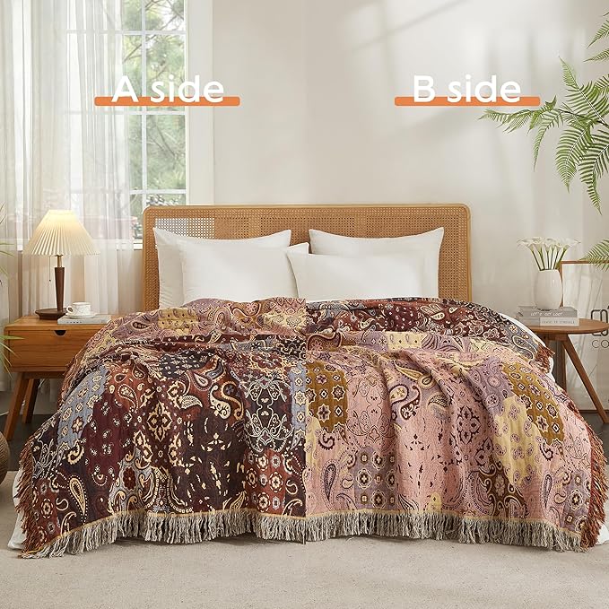 Boho Throw Blanket for Bed 80”x90”, 100% Cotton Woven Blanket for Couch Sofa, Ultra Soft 4-Layer Muslin Quilt with Patchwork Floral Printed, Farmhouse Bed Blanket/Cover for Living Room Decor