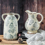 Enra Large Vintage Blue and White and Pitcher for Home Decor, 9.7 Inch Rustic Chinoiserie Decorative Vases, Green and Beige Ceramic Vases for Living Room, Kitchen, Office – Large Vases for Decor