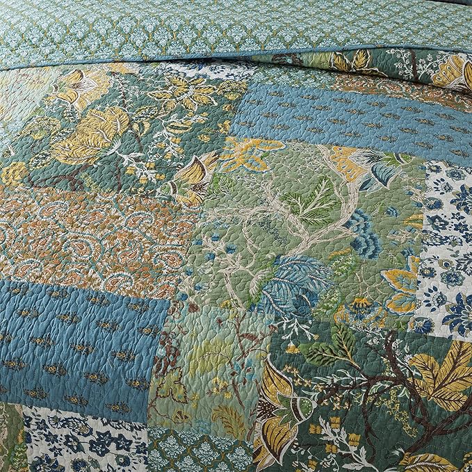 NEWLAKE Cotton Patchwork Bedspread, 3-Piece Bedding Quilt Set with Real Stitched Embroidery, Reversible Matelasse Bed Coverlet Set,Green Farmhouse Garden,King Size