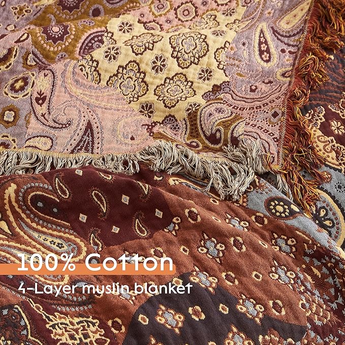Boho Throw Blanket for Bed 80”x90”, 100% Cotton Woven Blanket for Couch Sofa, Ultra Soft 4-Layer Muslin Quilt with Patchwork Floral Printed, Farmhouse Bed Blanket/Cover for Living Room Decor