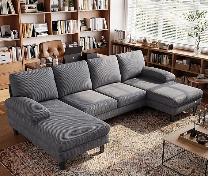 LINSY HOME Sectional Couch, 111'' W Corduroy U Shaped Sofa with Sleepable Armrests, 4 Seat Couch with Double Chaises, Deep Sofa for Living Room, Grey