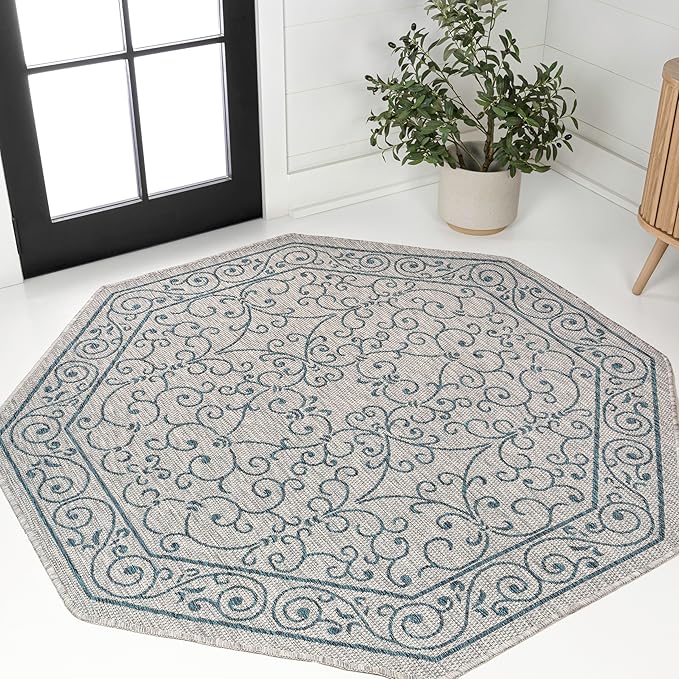 JONATHAN Y Vintage Filigree Indoor Outdoor Octagon Area Rug 8 Ft Gray/Teal, Charleston Textured Weave for Backyard, Patio, Porch, Easy-Cleaning, High Traffic, Pet-Friendly, Non-Shedding SMB106E-8TGN
