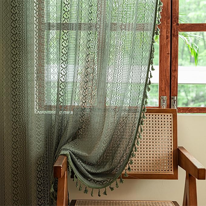 Sutuo Home Boho Curtains for Bedroom Living Room 72 inches Long, Crochet Lace Sheer Bohemian Hollow Knitted with Tassels, Privacy Vintage Farmhouse, Rod Pocket 1 Panel 59" W x 72" L,Olive Green