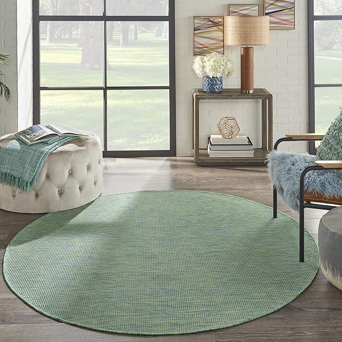 Nourison Positano Indoor/Outdoor Blue/Green 6' x Round Area Rug, Easy Cleaning, Non Shedding, Bed Room, Living Room, Dining Room, Backyard, Deck, Patio (6 Round)