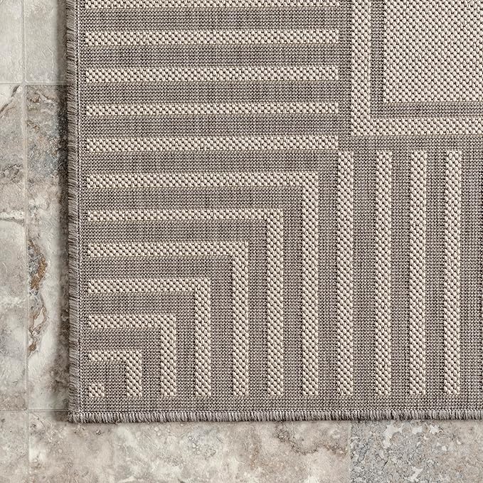 nuLOOM 2' x 8' Outdoor Area Rug, Casual Design with Striped Border, Stain Resistant, Highly Durable, for Patio, Balcony, Bedroom, Living Room, Dining Room, Bathroom, Light Grey