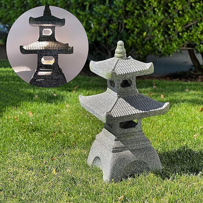 Galt International 2 Tier Pagoda Garden Statue LED Solar Powered Light 26" Tall Outdoor Zen Garden Lantern Landscape Lawn Asian Pagoda Stupa Decor Grey Resin