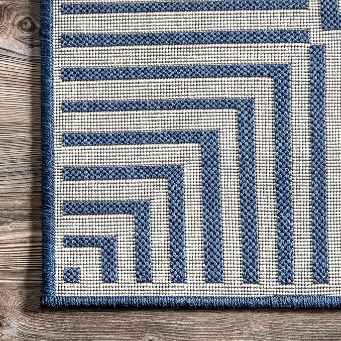 nuLOOM 2' x 3' Outdoor Area Rug, Casual Design With Striped Border, Stain Resistant, Highly Durable, For Patio, Balcony, Bedroom, Living Room, Dining Room, Bathroom, Navy
