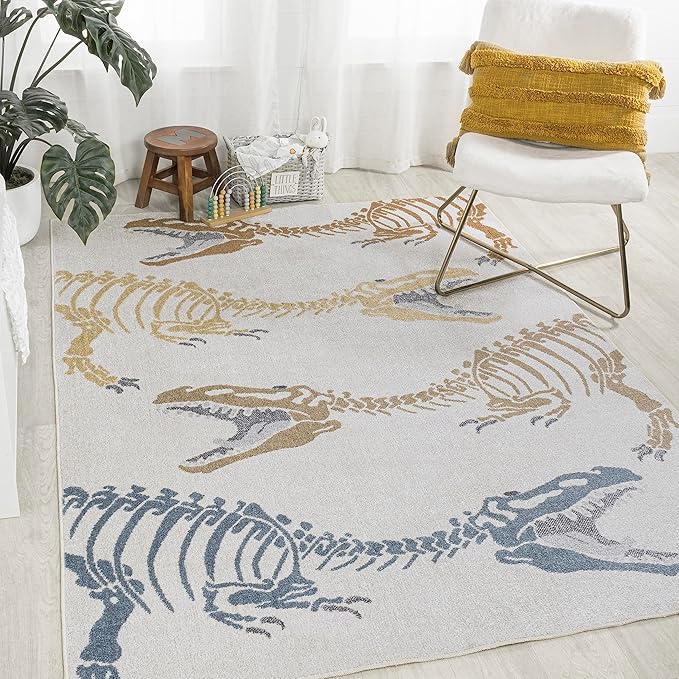 JONATHAN Y Machine-Washable Cream/Multi Indoor Area Rug, 8x10, Kingdarr T-Rex Modern, Casual, Kids & Novelty for Living Room, Dining Room, Bedroom, Kitchen Easy-Cleaning, Non-Shedding (KDW103A-8)