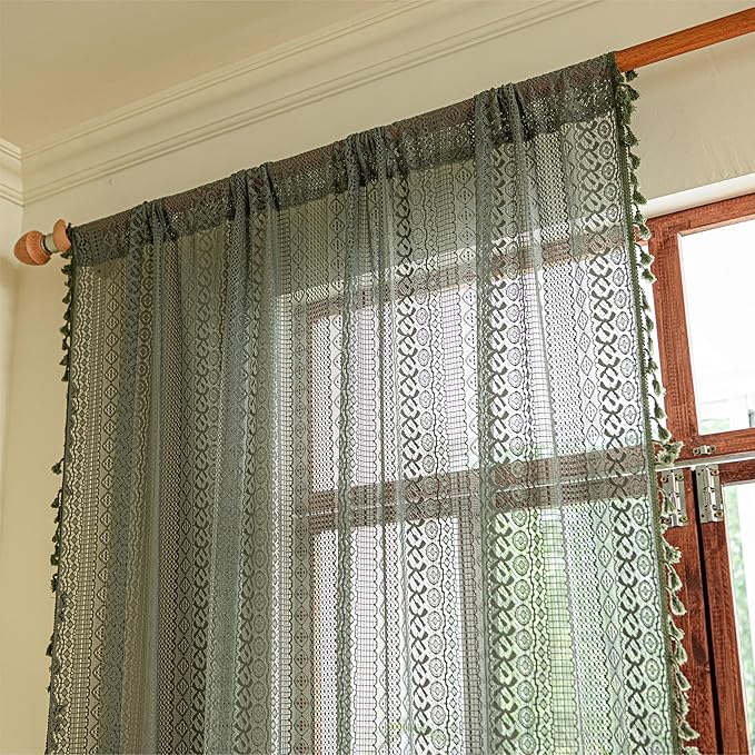 Sutuo Home Olive Green Boho Curtains 108 inches Long, Crochet Lace Sheer Bohemian Hollow Knitted Cute Tassels, Vintage Farmhouse for Bedroom Living Room Nursery Room, 1 Panel 59" W x 108" L