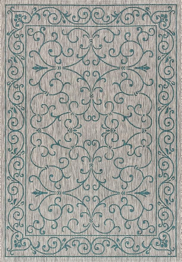 JONATHAN Y Vintage Filigree Indoor Outdoor Area Rug 4X6 Gray/Teal, Charleston Textured Weave for Backyard, Patio, Porch, Easy-Cleaning, High Traffic, Pet-Friendly, Non-Shedding (SMB106E-4)