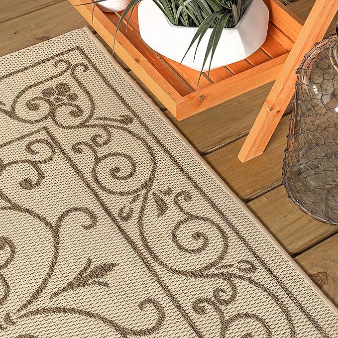 JONATHAN Y Vintage Filigree Indoor Outdoor Round Area Rug 8 Ft Beige/Brown, Charleston Textured Weave for Backyard, Patio, Porch, Easy-Cleaning, High Traffic, Pet-Friendly, Non-Shedding (SMB106A-8R)