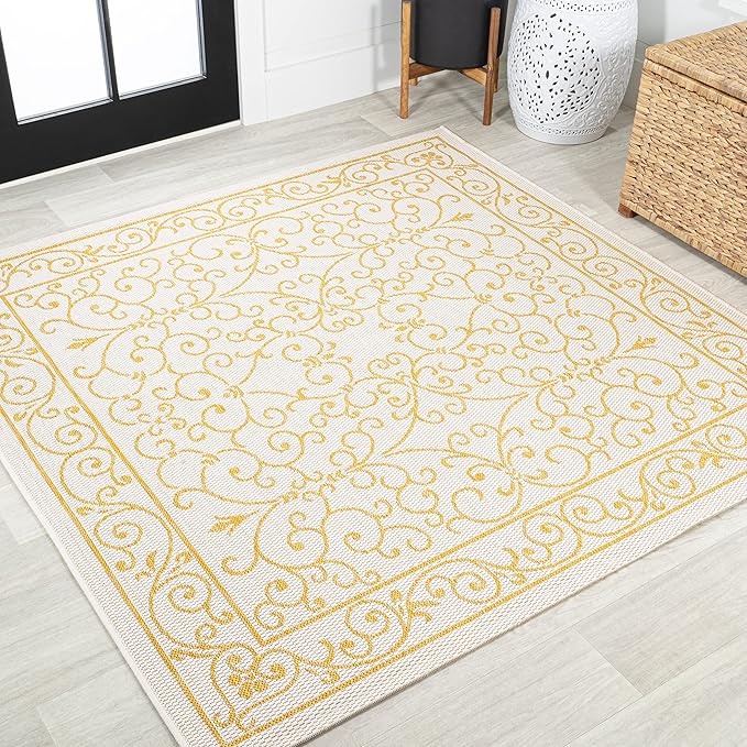 JONATHAN Y Vintage Filigree Indoor Outdoor Square Area Rug 5X5 Cream/Yellow, Charleston Textured Weave for Backyard, Patio, Porch, Easy-Cleaning, High Traffic, Pet-Friendly, Non-Shedding SMB106M-5SQ