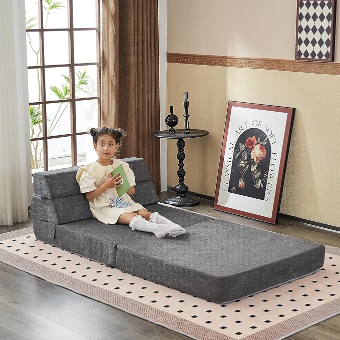 jela Foldable Sofa Bed Large Soft Foam Convertible Sleeper Chair Luxury Miss Fabric Fold Out Chair Bed Floor Couch with Back Support Floor Sofa for Living Room Bedroom (83"x33",Dark Gray)