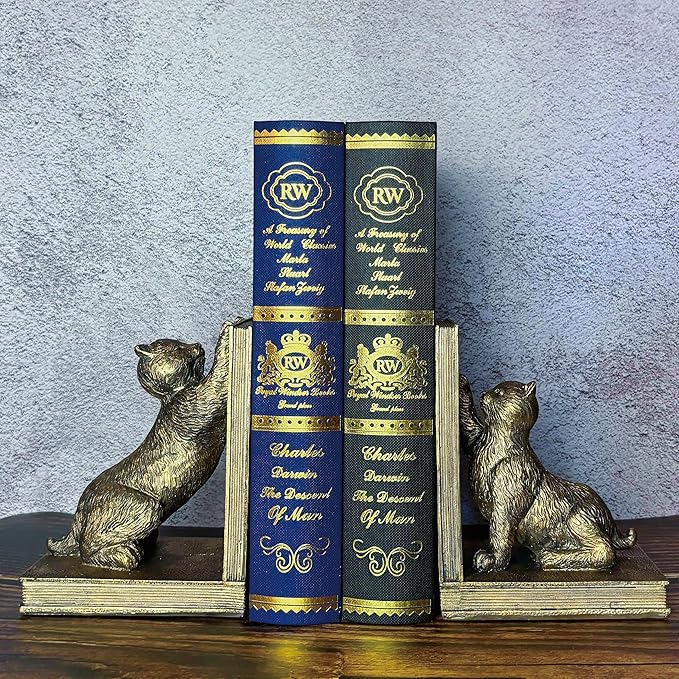 Book Ends for Shelves to Hold Books Heavy Duty,Decorative Bookend for Bookshelf Décor,Cute Animal Cat Book Stopper Cat Statues for Home, Office Desk Decoration,1pair