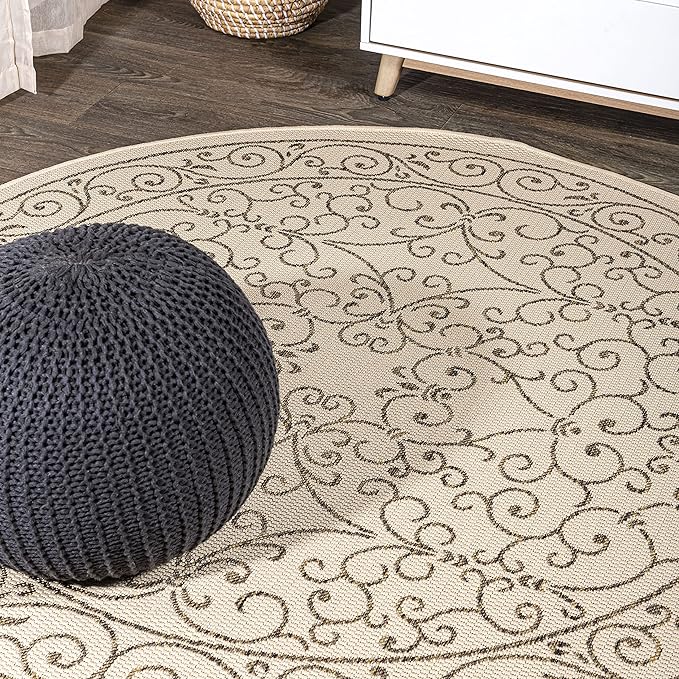 JONATHAN Y Vintage Filigree Indoor Outdoor Round Area Rug 6 Ft Beige/Brown, Charleston Textured Weave for Backyard, Patio, Porch, Easy-Cleaning, High Traffic, Pet-Friendly, Non-Shedding (SMB106A-6R)