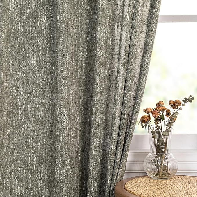 MYSKY HOME Long Sheer Curtains Farmhouse, Sliding Door Curtain for Living Room Light Filtering Privacy Protect Soft Cotton Blend Back Tab Window Drapes Boho, 50" x 108", Olive Green, 2 Panels