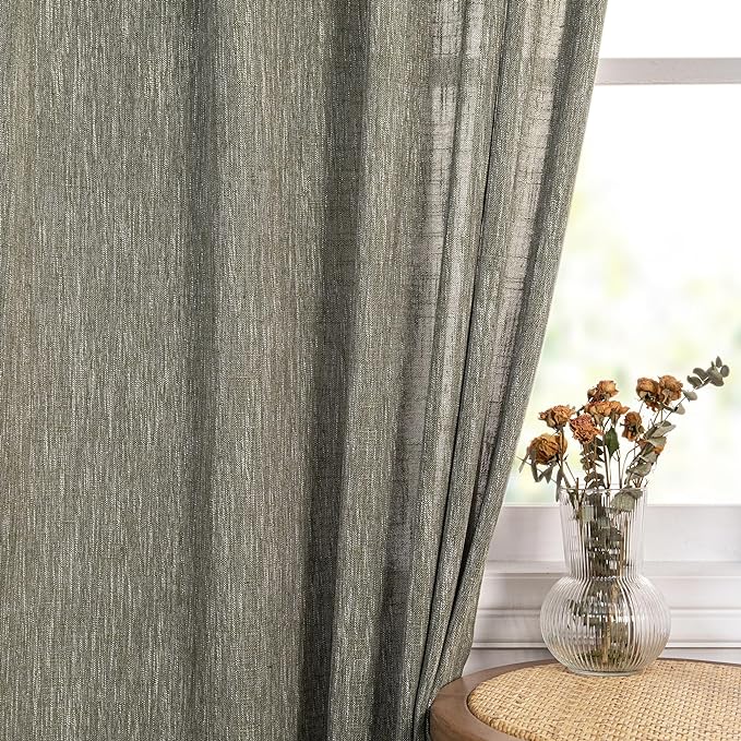 MYSKY HOME 90 Inches Long Living Room Curtains Farmhouse Light Filtering Privacy Curtain Drapes for Patio Door, Linen Look Texture Fabric Bohemian Draperies Soft Touch, 50x90, Olive Green, 2 Panels