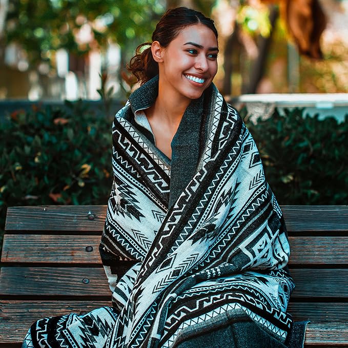 Off the Grid Inca Aztec Throw Blanket | Southwest Indian Navajo Boho Style | Native Woven Western Cover for Camping, Bedding, Couch