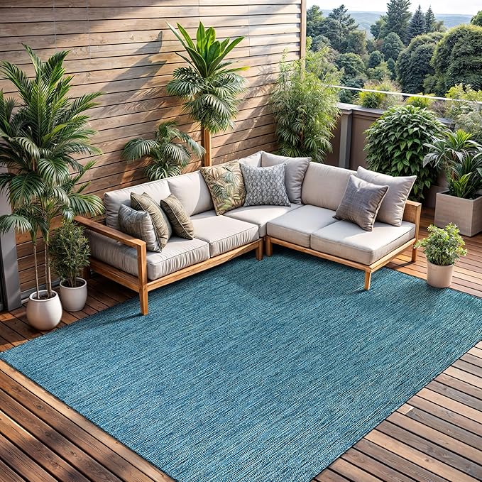 CAMILSON Outdoor Rug 9x12 Modern Area Rugs for Large Indoor and Outdoor Patios and Porches - Waterproof, Washable, Non-Shedding, Easy-to-Clean Outside Carpet (9 x 12, Solid - Aqua)