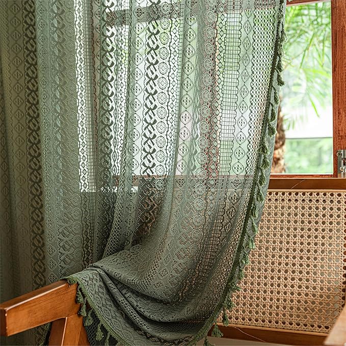 Sutuo Home Olive Green Boho Curtains 84 inches Long for Bedroom Living Room, Crochet Lace Sheer Bohemian Hollow Geometry Knitted Handmade Tassels, Privacy Vintage Farmhouse, 1 Panel 59" W x 84" L