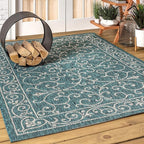 JONATHAN Y Vintage Filigree Indoor Outdoor Area Rug 8X10 Teal/Gray, Charleston Textured Weave for Backyard, Patio, Porch, Easy-Cleaning, High Traffic, Pet-Friendly, Non-Shedding (SMB106F-8)