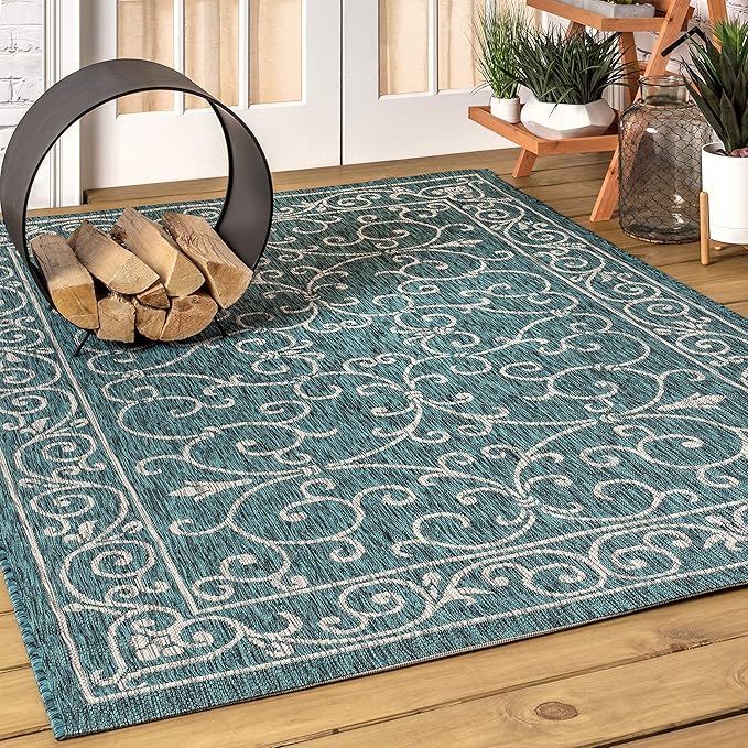 JONATHAN Y Vintage Filigree Indoor Outdoor Area Rug 5X8 Teal/Gray, Charleston Textured Weave for Backyard, Patio, Porch, Easy-Cleaning, High Traffic, Pet-Friendly, Non-Shedding (SMB106F-5)