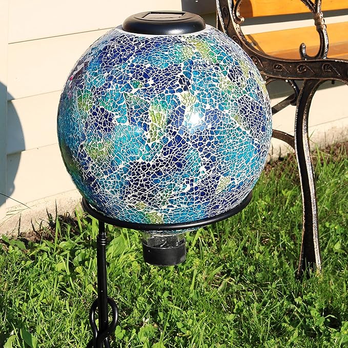 Sunnydaze 10 inch Solar Gazing Ball for Garden - Glass Outdoor Gazing Globe - Crackled Azul Terra