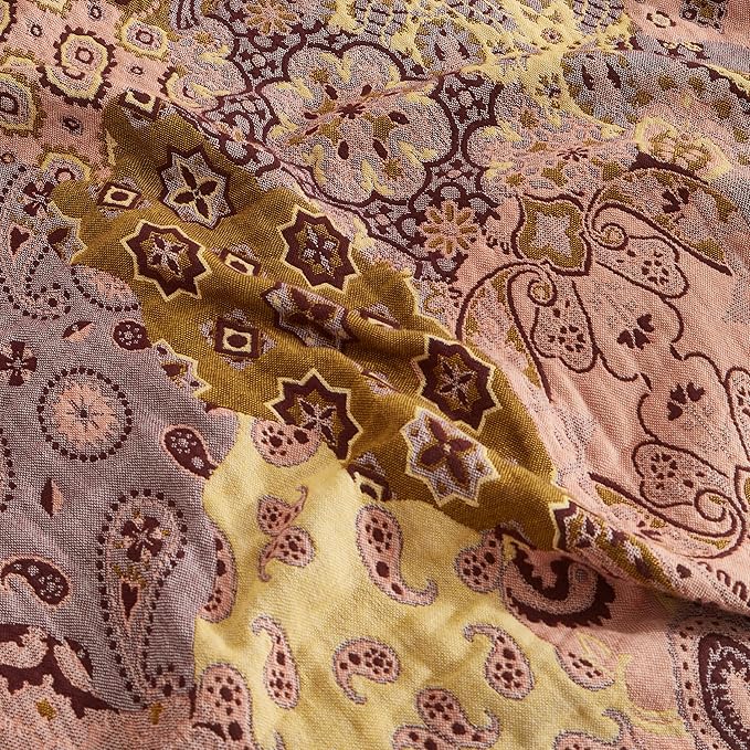 Boho Throw Blanket for Bed 60”x80”, 100% Cotton Woven Blanket for Couch Sofa, Ultra Soft 4-Layer Muslin Quilt with Patchwork Floral Printed, Farmhouse Bed Blanket/Cover for Living Room Decor