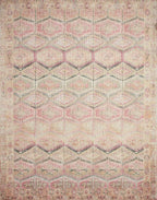 Loloi Layla Collection LAY-17 Pink/Lagoon 7'-6" x 9'-6" .13" Thick Area Rug, Soft, Durable, Vintage Inspired, Distressed, Low Pile, Non-Shedding, Easy Clean, Printed, Living Room Rug
