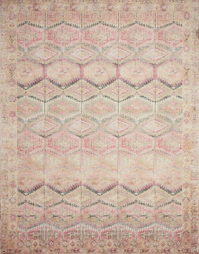 Loloi Layla Collection LAY-17 Pink/Lagoon 7'-6" x 9'-6" .13" Thick Area Rug, Soft, Durable, Vintage Inspired, Distressed, Low Pile, Non-Shedding, Easy Clean, Printed, Living Room Rug