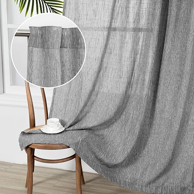 MYSKY HOME Living Room Curtains 2 Panels Boho Semi Sheers Long Drapes Light Filtering for Bedroom Windows, Linen Look Texture Soft Cotton Blend Fabric, 50" Wide x 90" Long, Dark Grey, 2 Panels