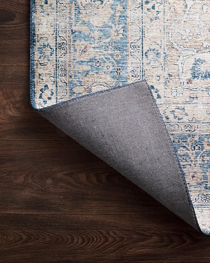 Loloi Layla Collection LAY-07 Blue/Tangerine 2'-6" x 9'-6" .13" Thick Runner Rug, Soft, Durable, Vintage Inspired, Distressed, Low Pile, Non-Shedding, Easy Clean, Printed, Living Room Rug