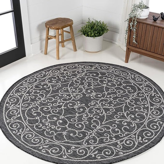 JONATHAN Y Vintage Filigree Indoor Outdoor Round Area Rug 3 Ft Black/Gray, Charleston Textured Weave for Backyard, Patio, Porch, Easy-Cleaning, High Traffic, Pet-Friendly, Non-Shedding (SMB106G-3R)