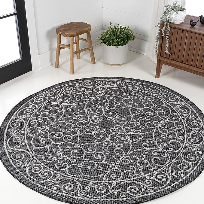JONATHAN Y Vintage Filigree Indoor Outdoor Round Area Rug 9 Ft Black/Gray, Charleston Textured Weave for Backyard, Patio, Porch, Easy-Cleaning, High Traffic, Pet-Friendly, Non-Shedding (SMB106G-9R)