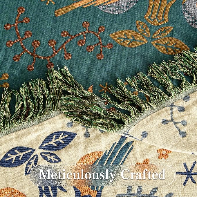 Boho Throw Blanket Full Size, Extra Large Soft Cozy Cotton Muslin Quilt Blanket for Bed Decor, Bird Patterned Couch Sofa Chair Cover, Vintage Farmhouse Cottage Woven Blanket, Green&Beige