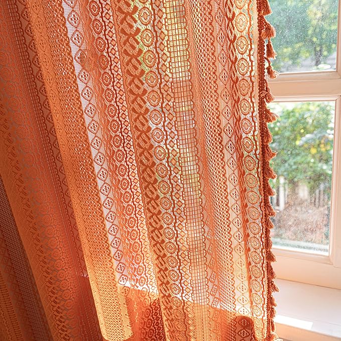 Sutuo Home Boho Curtains for Bedroom Kitchen Crochet Lace Sheer Bohemian Hollow Knitted with Tassels, Window Treatment Privacy Vintage Rustic Farmhouse Drapes, Rod Pocket 1 Panel 59" W x 63" L, Orange