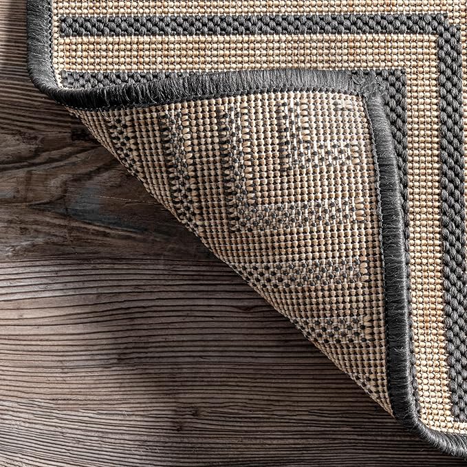 nuLOOM 6' 7" x 9' Outdoor Area Rug, Casual Design With Striped Border, Stain Resistant, Highly Durable, For Patio, Balcony, Bedroom, Living Room, Dining Room, Bathroom, Dark Grey