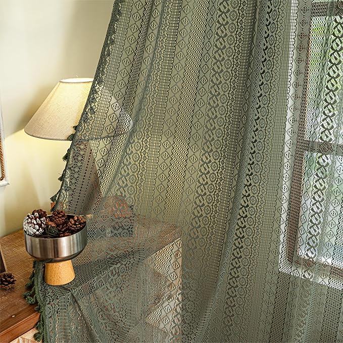 Sutuo Home Olive Green Boho Curtains 96 inches Long for Living Room Bedroom,Crochet Lace Sheer Bohemian Hollow Knitted Handmade Tassels, Vintage Farmhouse Xmas Decor, 1 Panel 59" W x 96" L