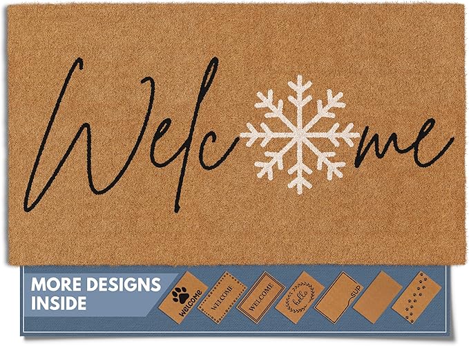 Barnyard Designs Natural Coco Coir Christmas Doormat - Large Cute Non-Slip Heavy Duty Backing Door Mat for Outside Entrance or Porch Entry, Brown (17x30, Winter Snowflake)