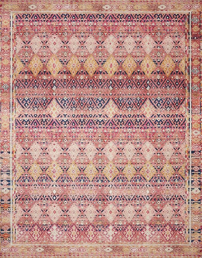 Loloi Layla Collection LAY-15 Magenta/Multi 2'-6" x 12'-0" .13" Thick Runner Rug, Soft, Durable, Vintage Inspired, Distressed, Low Pile, Non-Shedding, Easy Clean, Printed, Living Room Rug