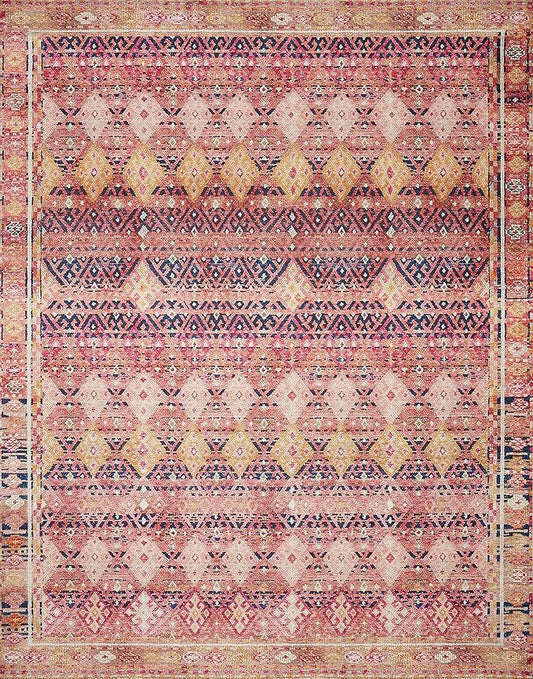 Loloi Layla Collection LAY-15 Magenta/Multi 5'-0" x 7'-6" .13" Thick Area Rug, Soft, Durable, Vintage Inspired, Distressed, Low Pile, Non-Shedding, Easy Clean, Printed, Living Room Rug
