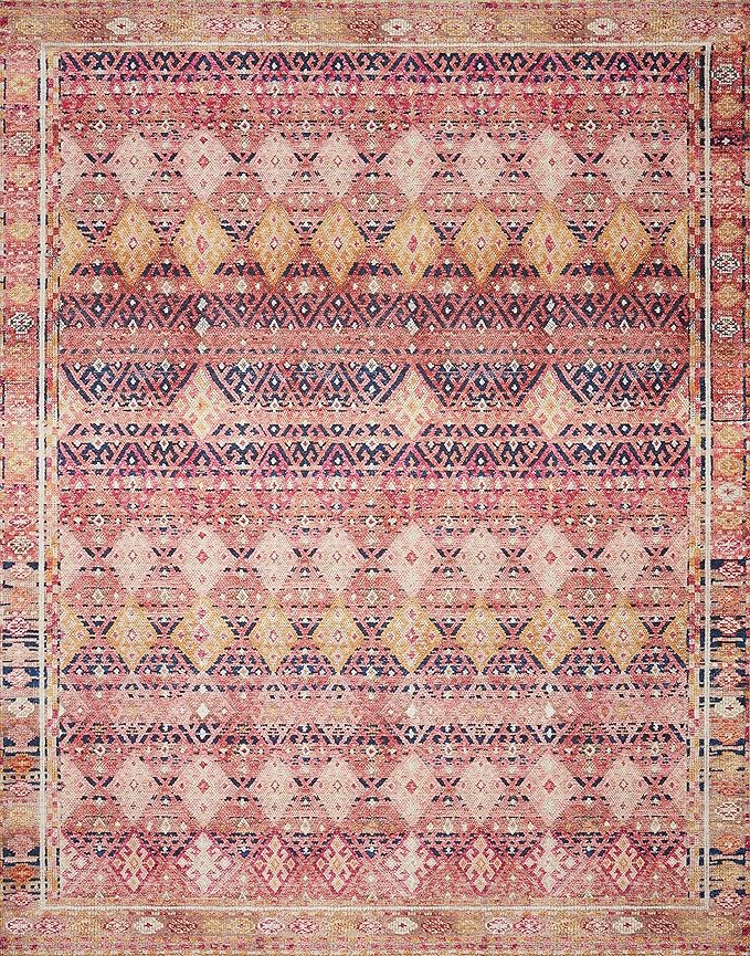 Loloi Layla Collection LAY-15 Magenta/Multi 2'-6" x 9'-6" .13" Thick Runner Rug, Soft, Durable, Vintage Inspired, Distressed, Low Pile, Non-Shedding, Easy Clean, Printed, Living Room Rug