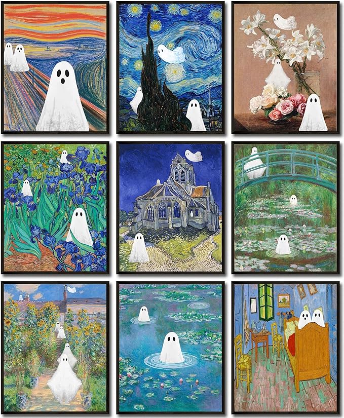 LANCHI95 Vintage Ghost Posters Halloween Wall Art Witch in The Forest Painting Prints Halloween Wall Decor for Living Room Bedroom 8x10 in - 9pcs (UNFRAMED)