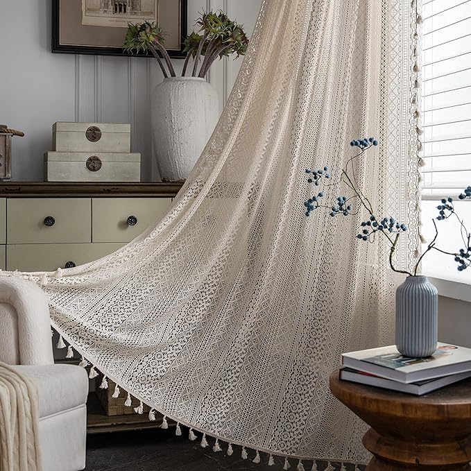 Sutuo Home Beige Boho Curtains Crochet Lace Semi-Sheer Bohemian Hollow Knitted Handmade Tassels, Rod Pocket Window Treatment Vintage Rustic Farmhouse Drapes for Glass Slide Door, 1 Panel 59" W x 90" L